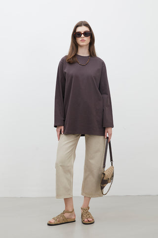 Oversize Cotton Long Sleeve T-Shirt Dark Brown