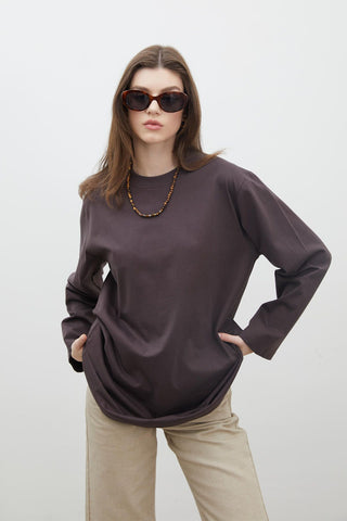 Oversize Cotton Long Sleeve T-Shirt Dark Brown