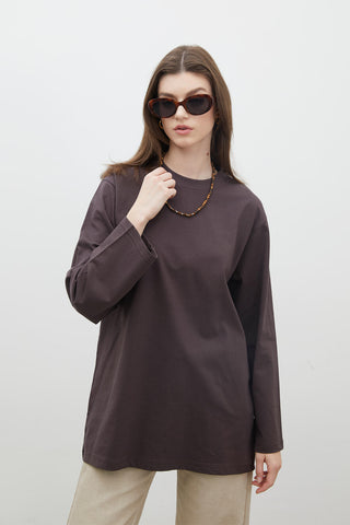 Oversize Cotton Long Sleeve T-Shirt Dark Brown