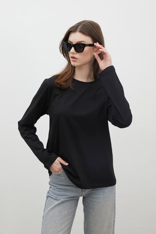 Fitted Long Sleeve Cotton T-Shirt Black