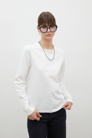 Fitted Long Sleeve Cotton T-Shirt Ecru