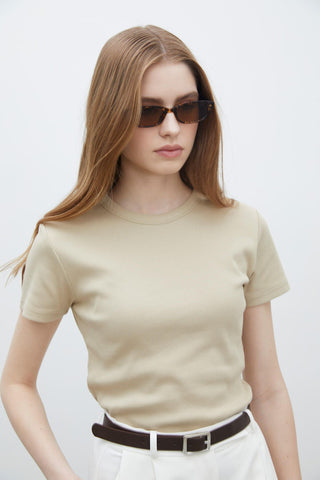 Ribbed Short Sleeve Fit Bodysuit Camel