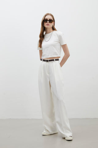 Pleat Detail Palazzo Trousers White