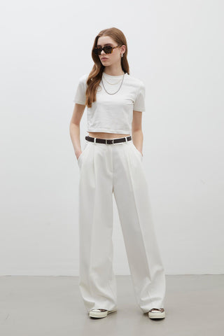 Pleat Detail Palazzo Trousers White