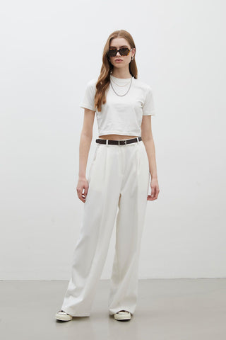 Pleat Detail Palazzo Trousers White