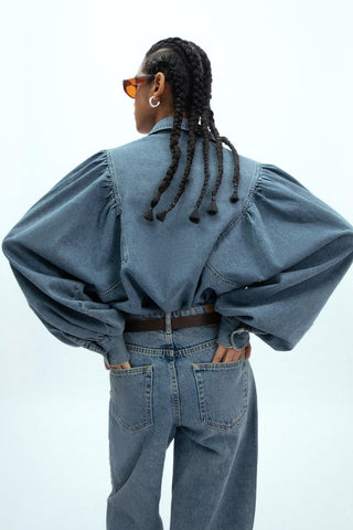 Balloon Sleeve Denim Shirt Blue