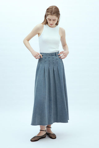 Pleated Denim Skirt Blue