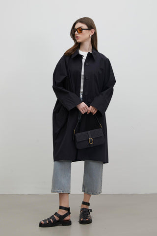 Oversize Technical Fabric Trench Coat Black