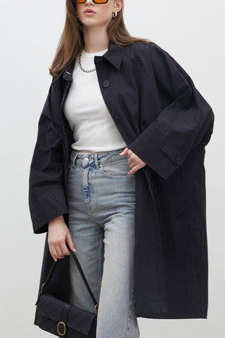 Oversize Technical Fabric Trench Coat Black