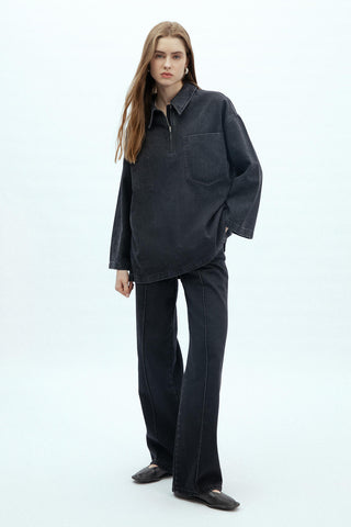 Shirt Collar Denim Blouse Black