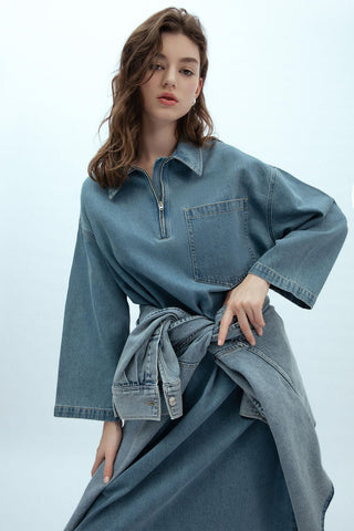 Collar Detail Denim Dress Blue