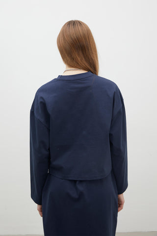 Uzun Kollu Pamuklu Crop Tişört Lacivert