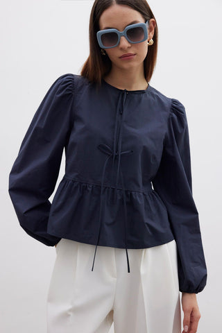 Premium Blouse With Tie Navy Blue