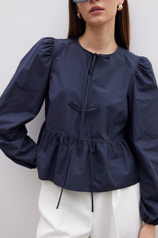 Premium Blouse With Tie Navy Blue