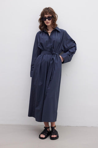 Premium Shirt Dress With Belt Navy Blue