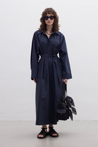 Premium Shirt Dress With Belt Navy Blue