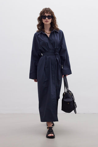 Premium Shirt Dress With Belt Navy Blue