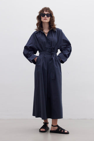 Premium Shirt Dress With Belt Navy Blue