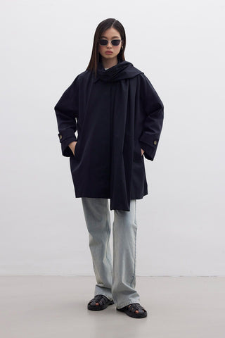 Stockholm Scarf Detailed Oversize Trench Coat Black