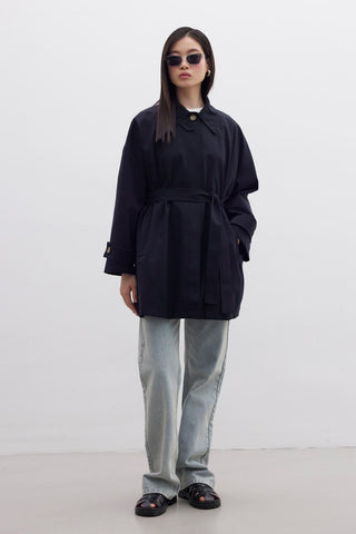 Stockholm Scarf Detailed Oversize Trench Coat Black