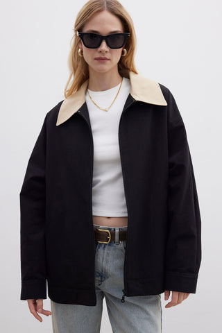 Contrast Collar Gabardine Jacket Black