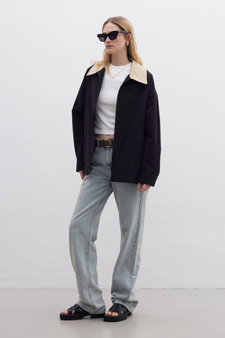 Contrast Collar Gabardine Jacket Black