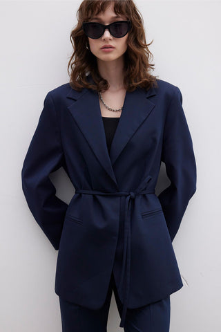 Regular Fit Blazer With Belt Navy Blue