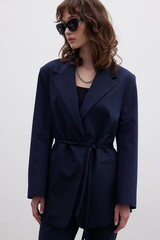 Regular Fit Blazer With Belt Navy Blue