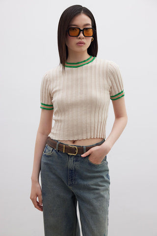 Retro Striped Knit T-Shirt Beige