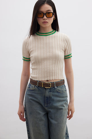 Retro Striped Knit T-Shirt Beige