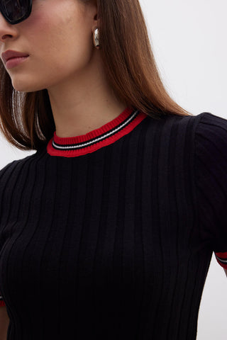 Retro Striped Knit T-Shirt Black