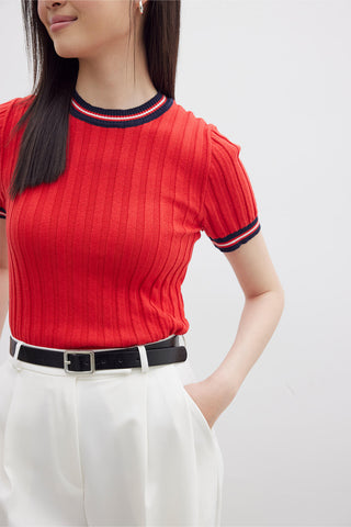 Retro Striped Knit T-Shirt Red