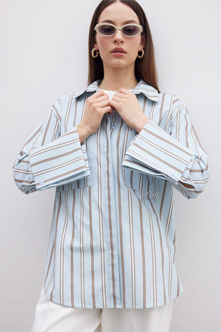 Wide Cuff Blue & Brown Stripes Shirt