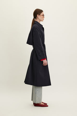 Oversized Belted Gabardine Trench Navy Blue