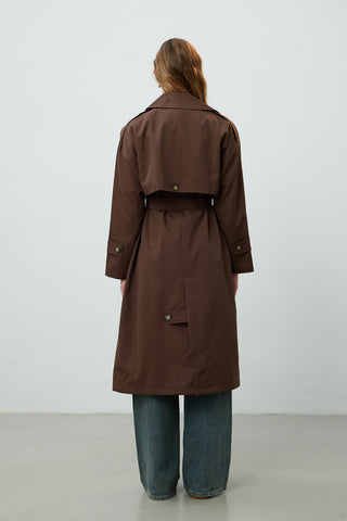 Double-Breasted Trench Coat With Buttons Dark Brown