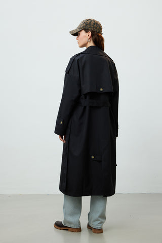 Double-Breasted Trench Coat With Buttons Black