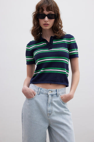 Retro Striped Knit Top Navy Blue