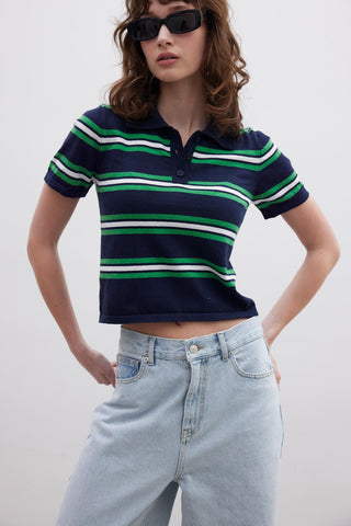 Retro Striped Knit Top Navy Blue