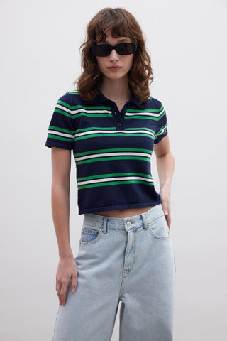 Retro Striped Knit Top Navy Blue