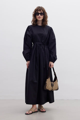 Ruffled Premium Poplin Dress Black