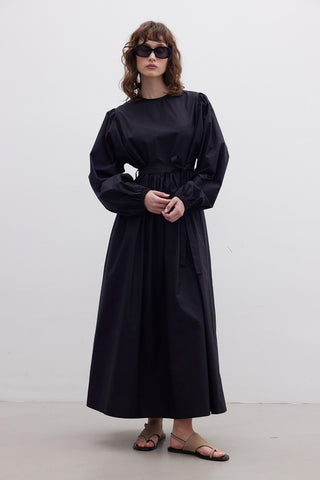 Ruffled Premium Poplin Dress Black