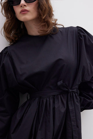 Ruffled Premium Poplin Dress Black