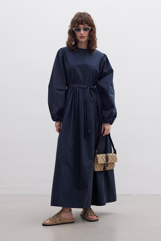 Ruffled Premium Poplin Dress Navy Blue