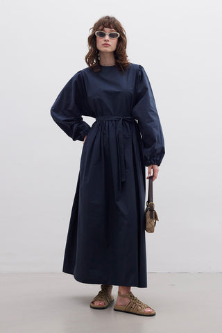 Ruffled Premium Poplin Dress Navy Blue
