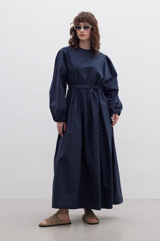 Ruffled Premium Poplin Dress Navy Blue