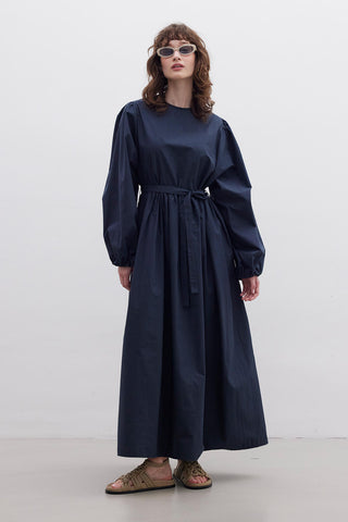 Ruffled Premium Poplin Dress Navy Blue