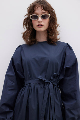 Ruffled Premium Poplin Dress Navy Blue