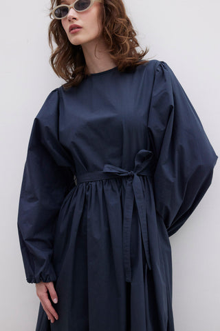 Ruffled Premium Poplin Dress Navy Blue