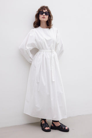 Ruffled Premium Poplin Dress Ecru