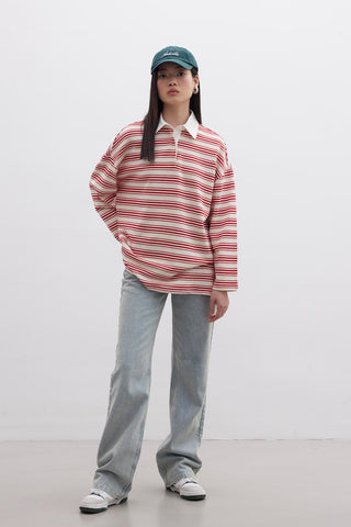 Andy Collared Thin Striped Sweatshirt Red